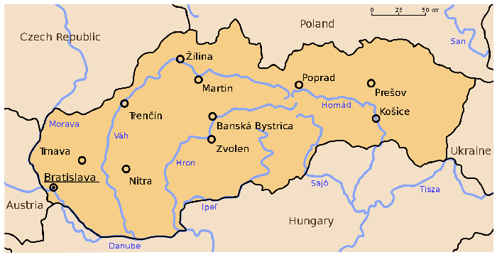 Mapa de las principales Ciudades de Eslovaquia