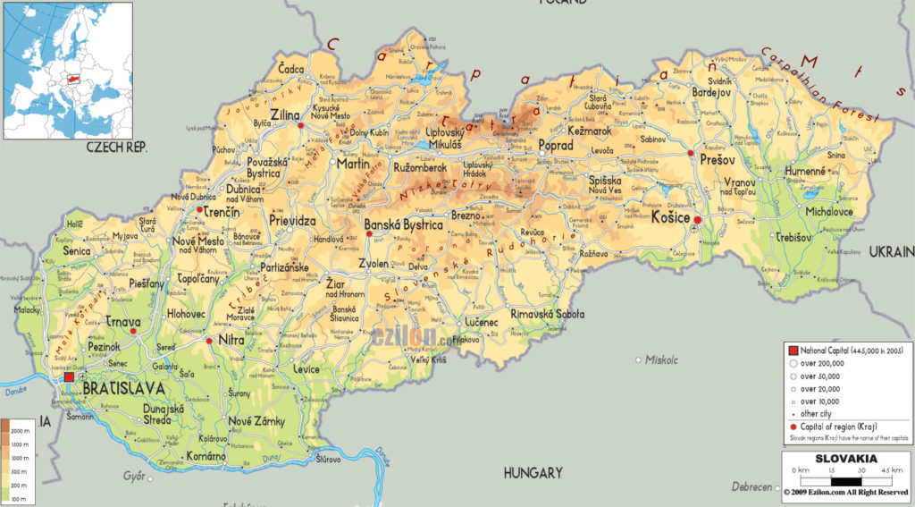 Mapa del relieve y montañas de Eslovaquia